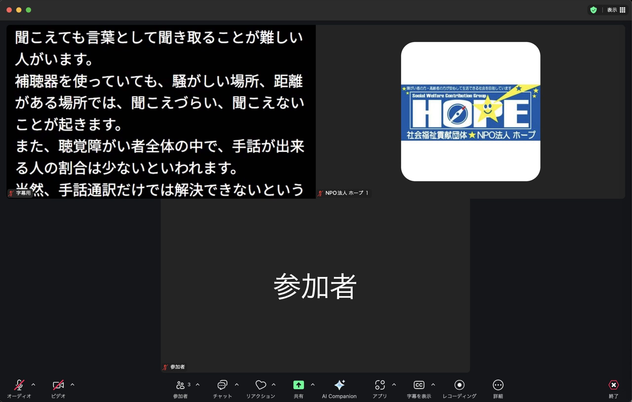 オンライン文字通訳・字幕画面例（参加者の一部として）